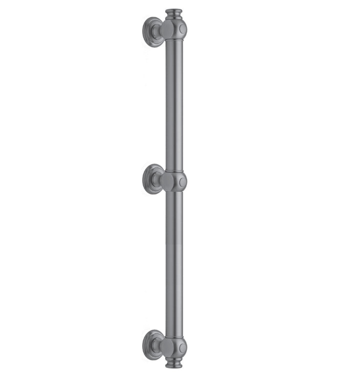 Satin nickel straight grab bar with three wall-mounted flanges and decorative rosettes.