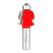 Router bit with red cutting head and silver shank, featuring curved molding profile with concave cutouts on sides.