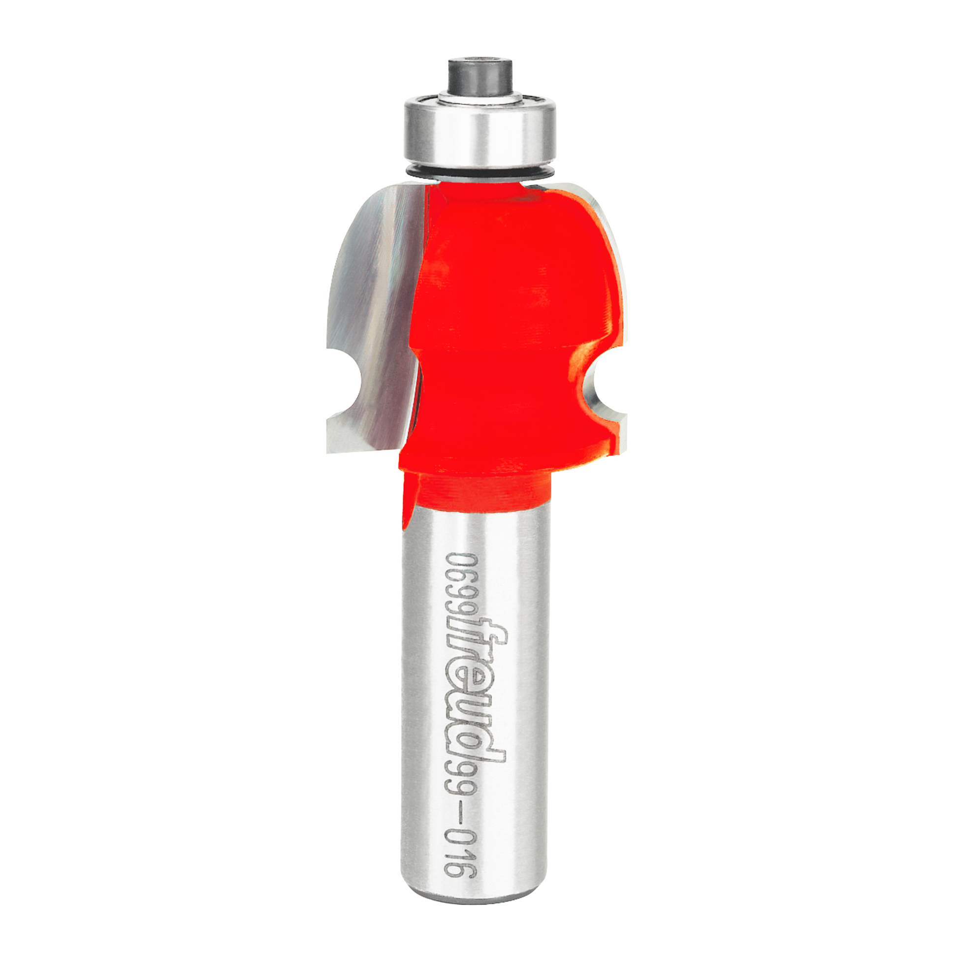 Router bit with red cutting head and silver shank, featuring curved molding profile with concave cutouts on sides.