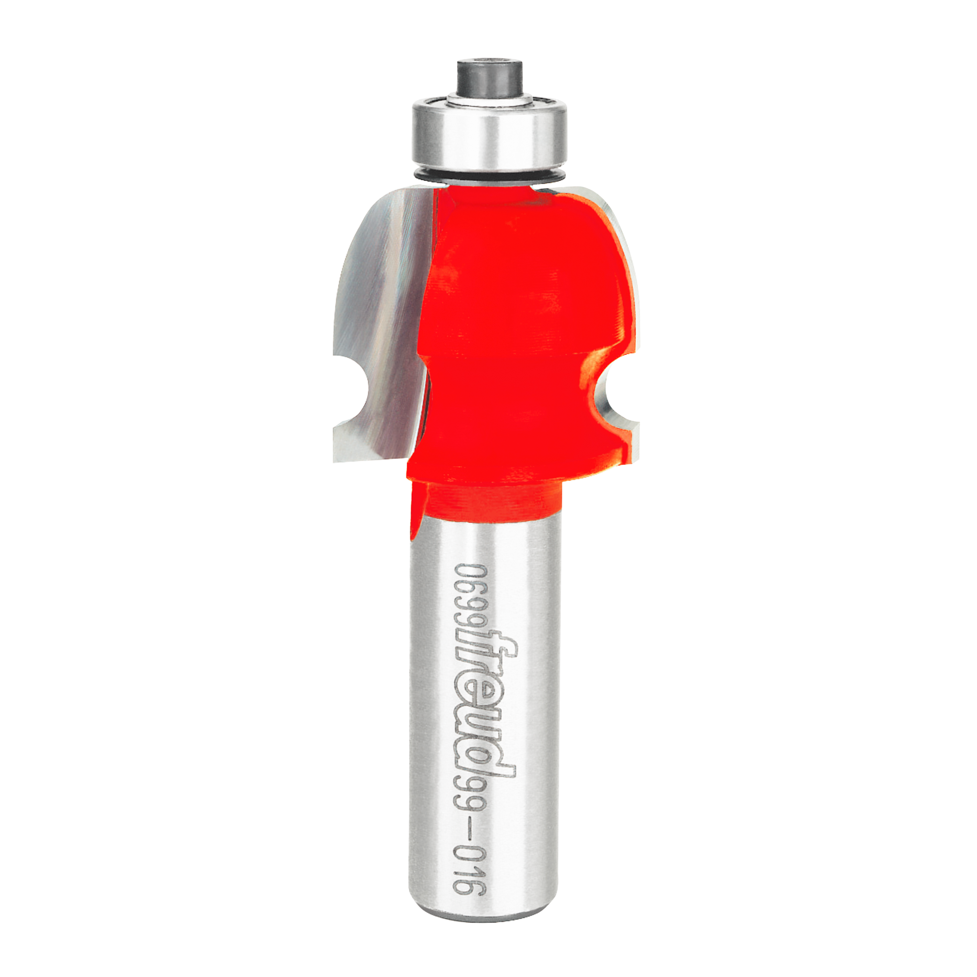 Router bit with red cutting head and silver shank, featuring curved molding profile with concave cutouts on sides.