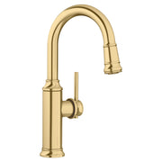 Satin gold pull-down bar faucet with curved spout and single lever handle.
