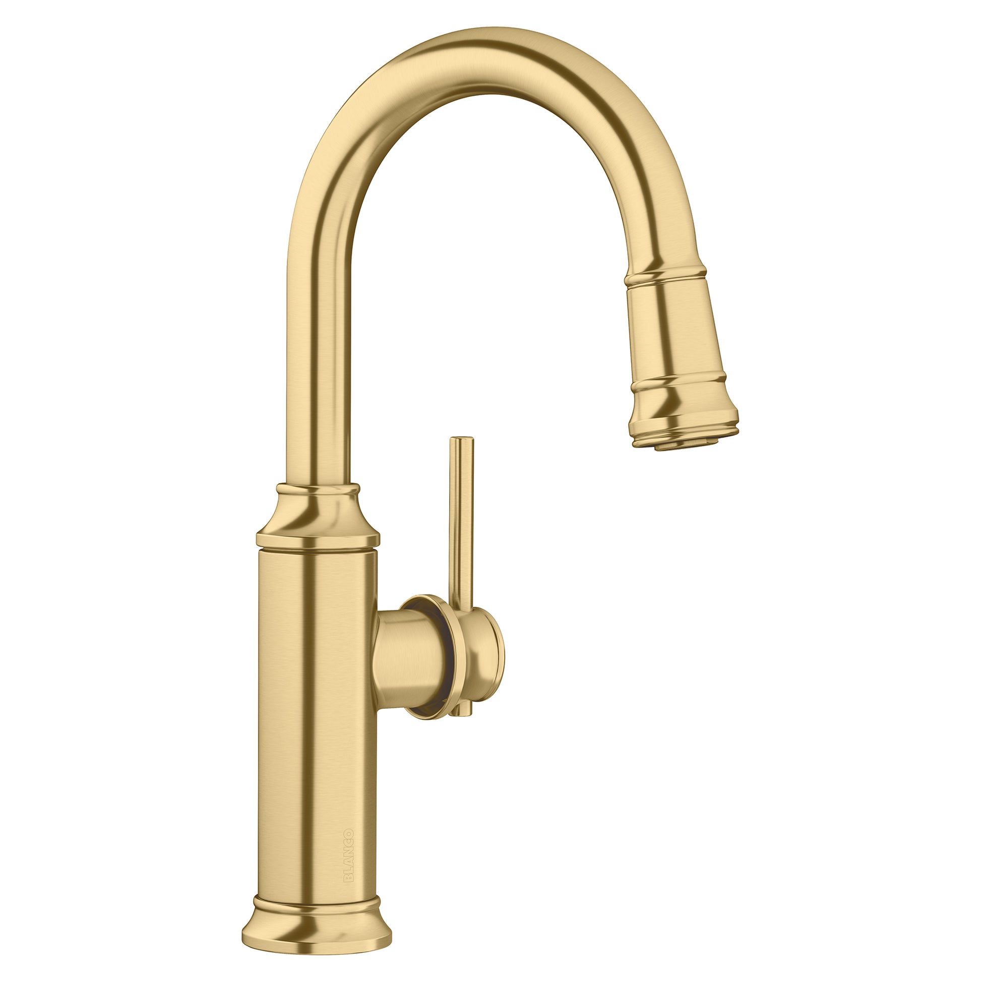 Satin gold pull-down bar faucet with curved spout and single lever handle.