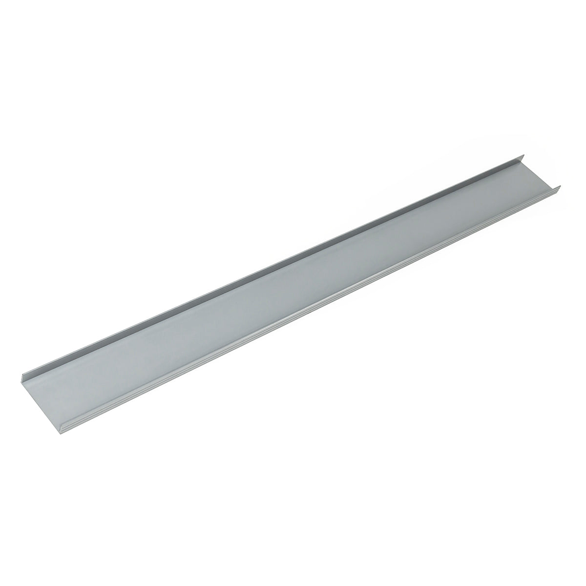 Gray PVC channel drain with curved sides and flat bottom, approximately 108 inches long.