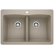 Truffle-colored drop-in double bowl kitchen sink with two equal-sized compartments and chrome drain strainers.