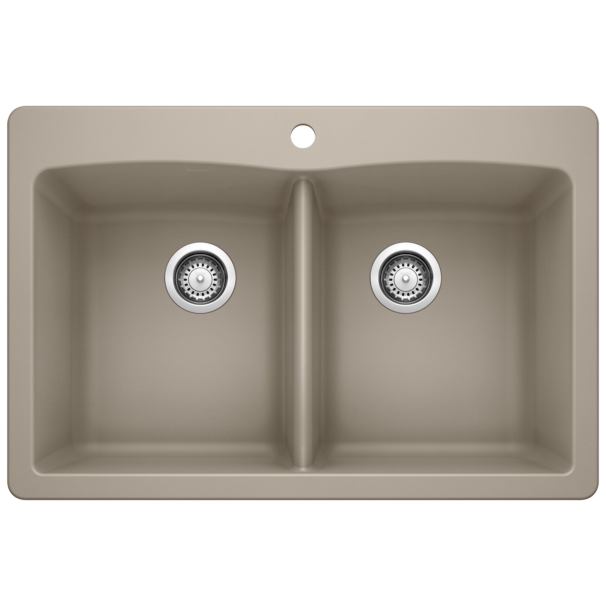 Truffle-colored drop-in double bowl kitchen sink with two equal-sized compartments and chrome drain strainers.