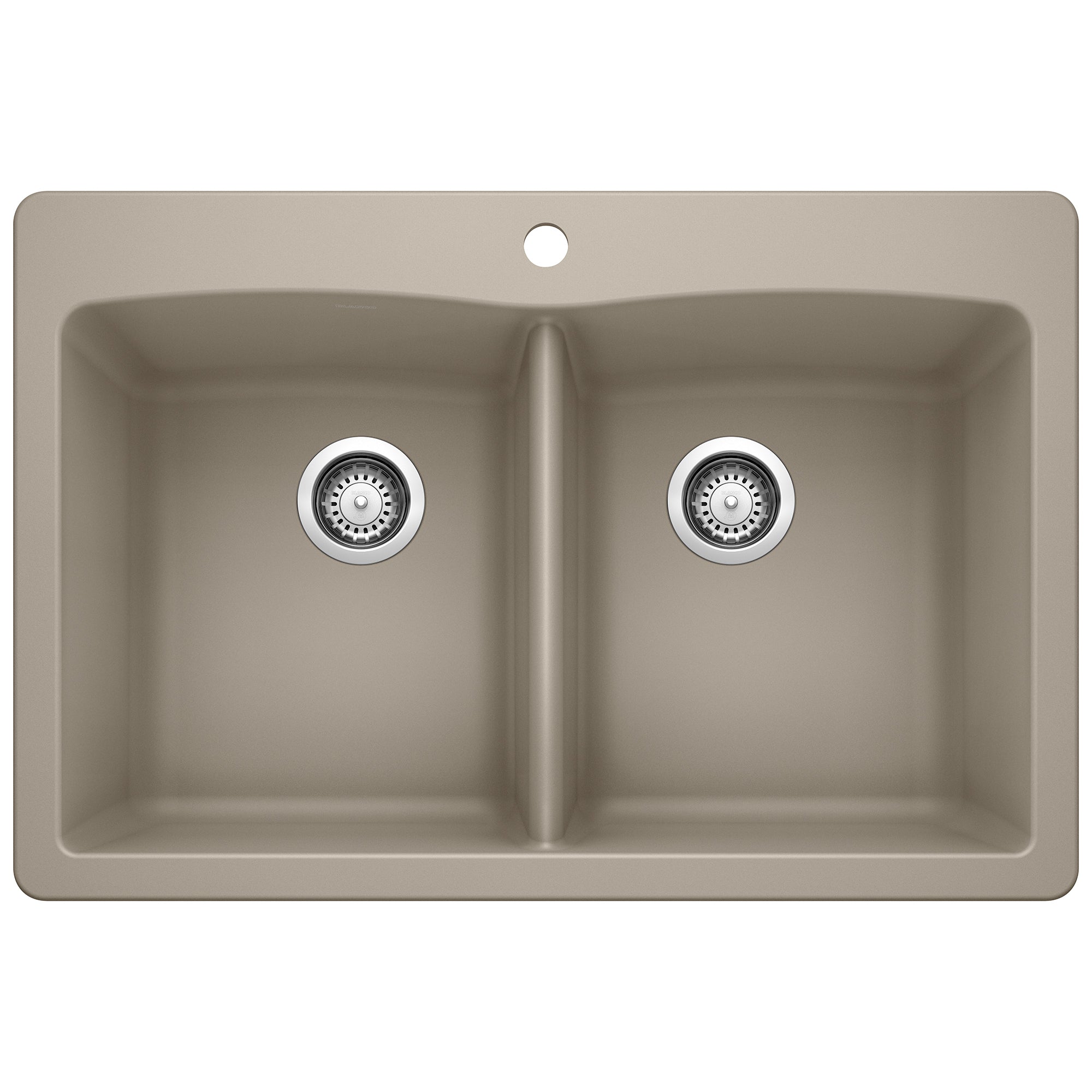 Truffle-colored drop-in double bowl kitchen sink with two equal-sized compartments and chrome drain strainers.