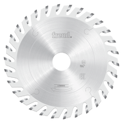 Circular saw blade with beveled teeth around the perimeter, central arbor hole, and Freud branding visible on the silver meta