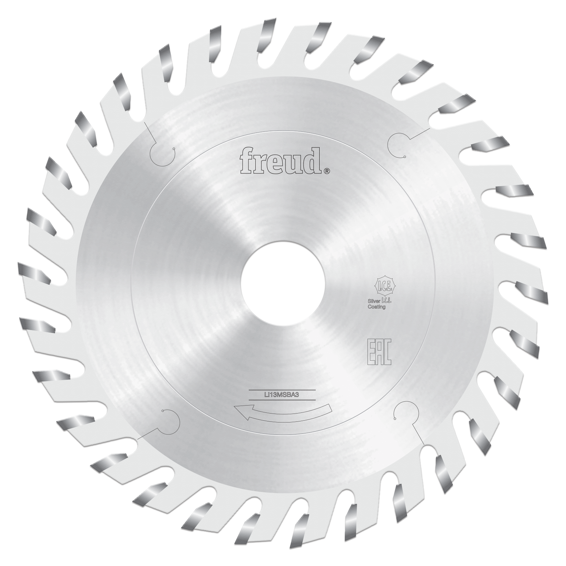 Circular saw blade with beveled teeth around the perimeter, central arbor hole, and Freud branding visible on the silver meta