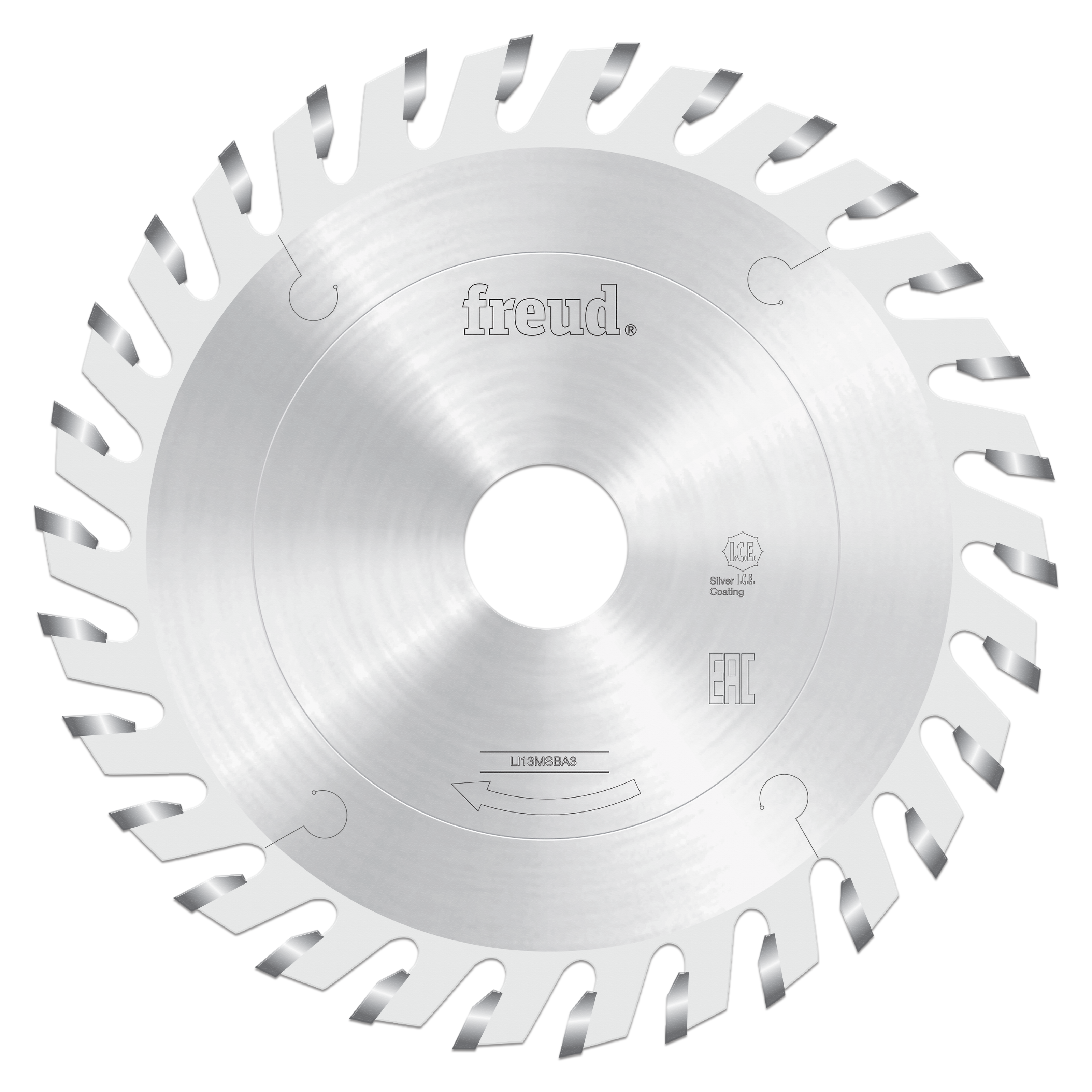 Circular saw blade with beveled teeth around the perimeter, central arbor hole, and Freud branding visible on the silver meta