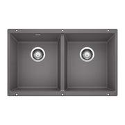 Cinder gray undermount sink with two equal rectangular bowls and chrome drain baskets.