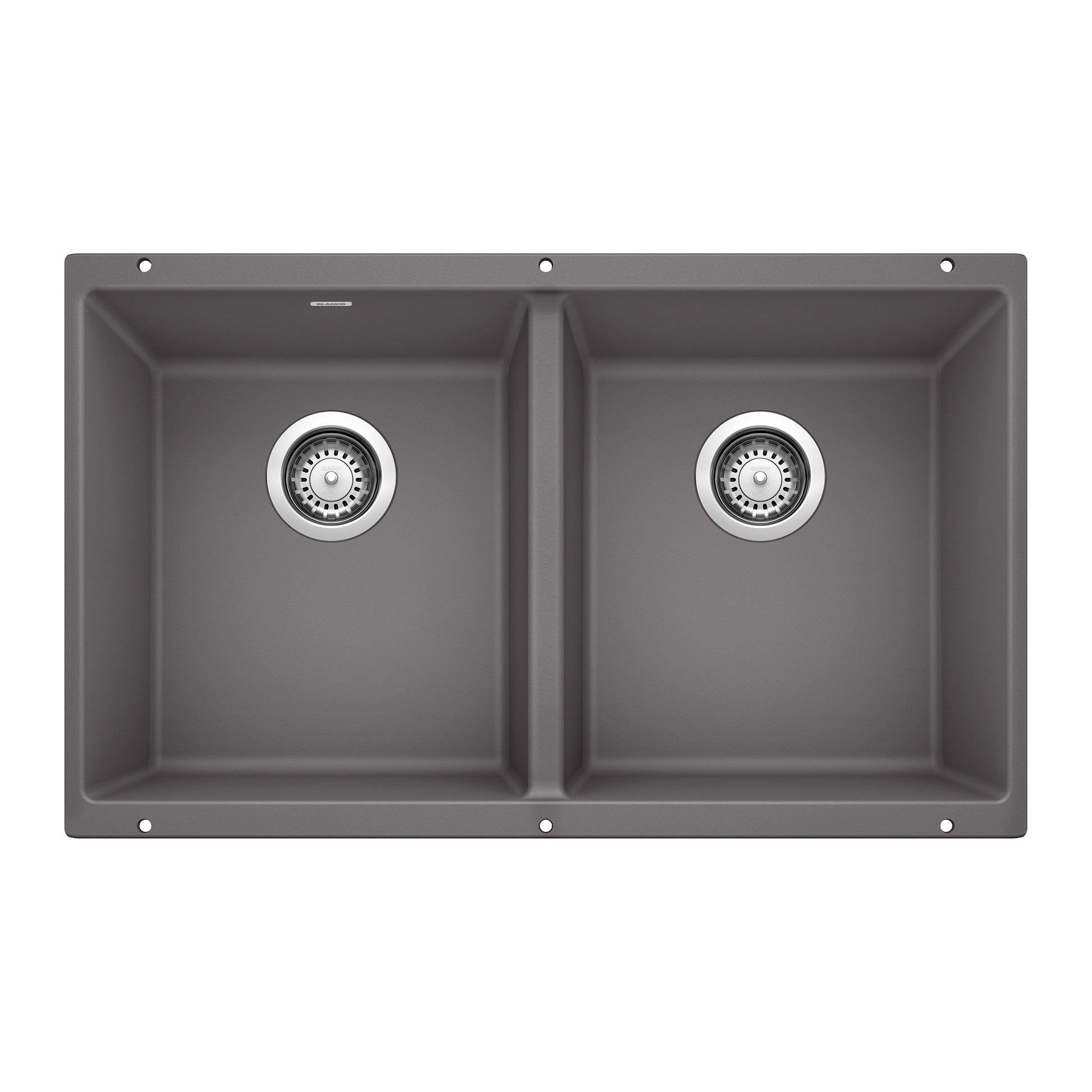 Cinder gray undermount sink with two equal rectangular bowls and chrome drain baskets.