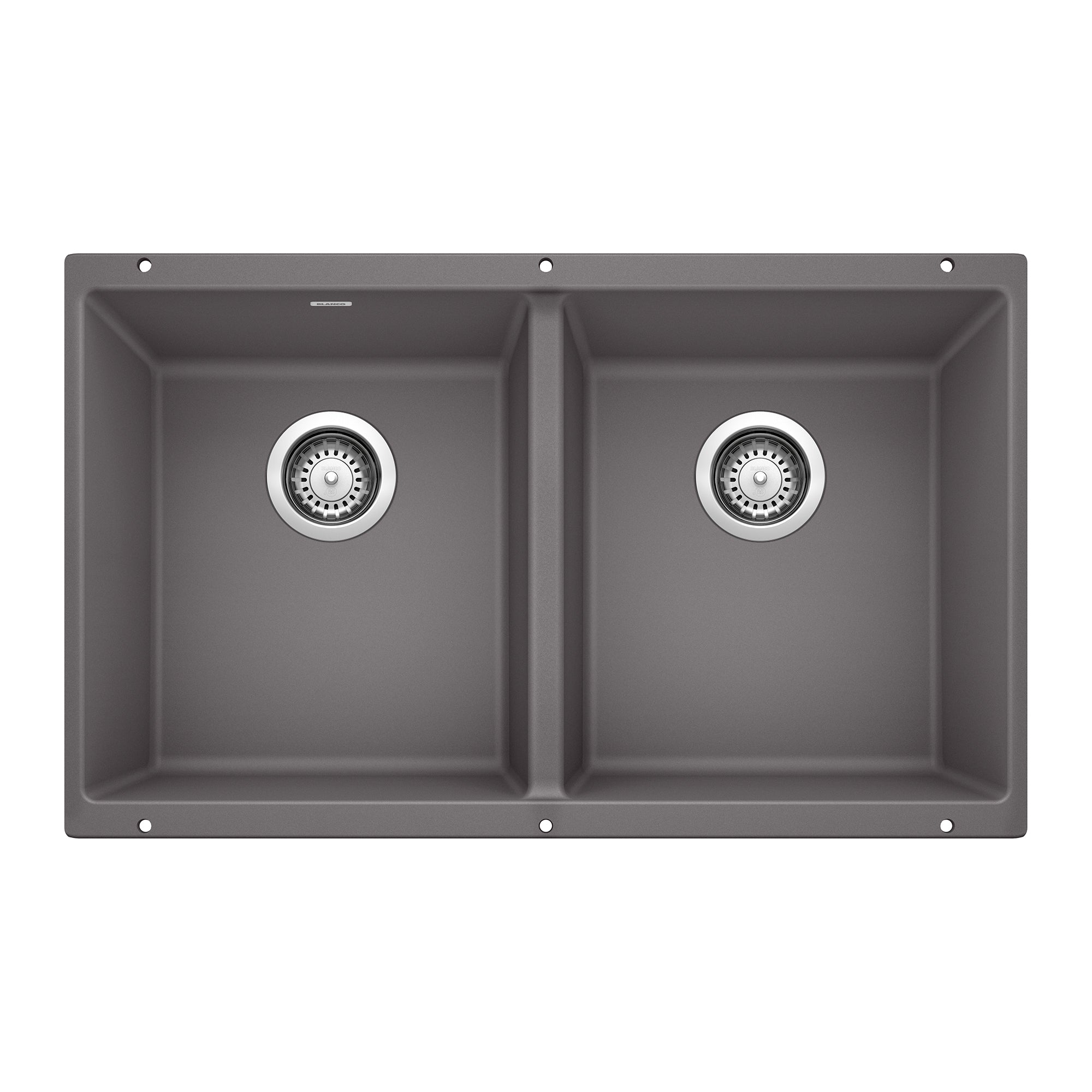 Cinder gray undermount sink with two equal rectangular bowls and chrome drain baskets.