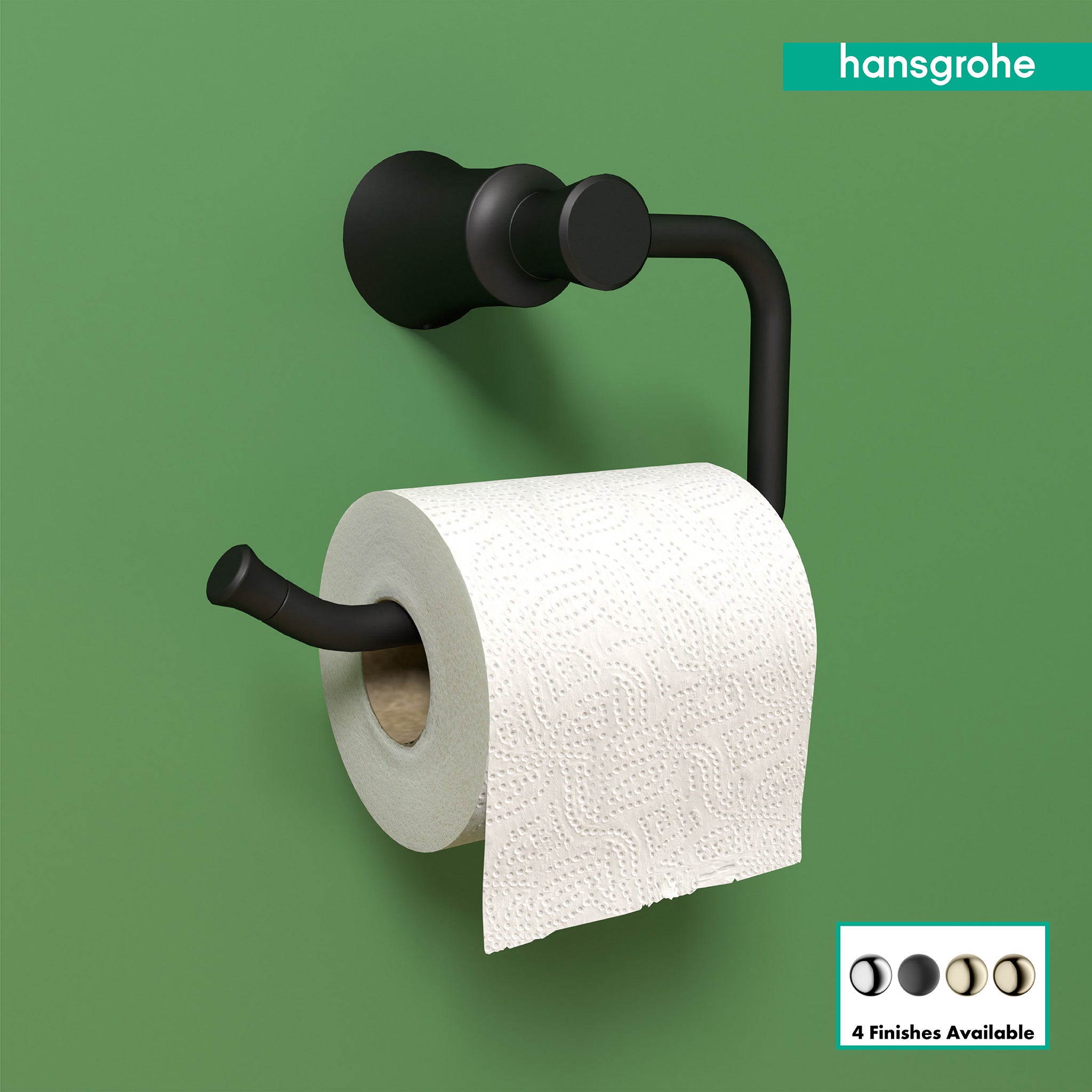 Matte black wall-mounted toilet paper holder with curved arm and spherical finials holding white toilet paper roll.