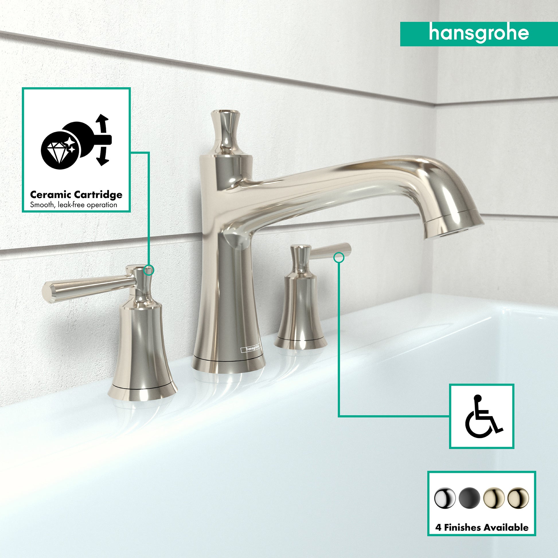 Polished nickel three-piece tub faucet with arched spout and two lever handles mounted on white tile above bathtub.