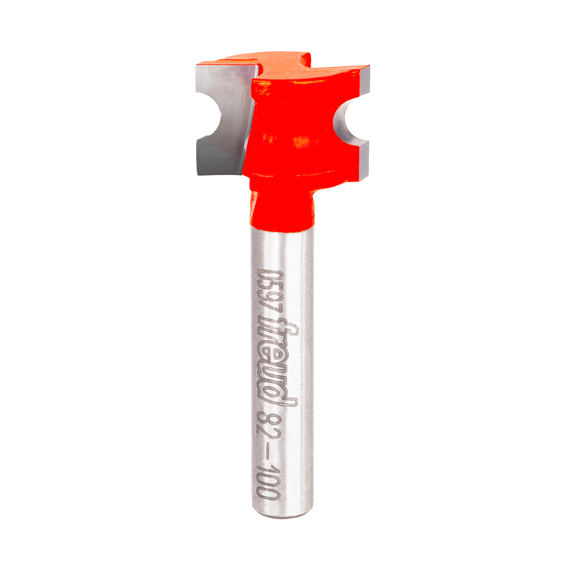 Half round router bit with red coating on cutting head and silver metal shank labeled Freud 82-100.