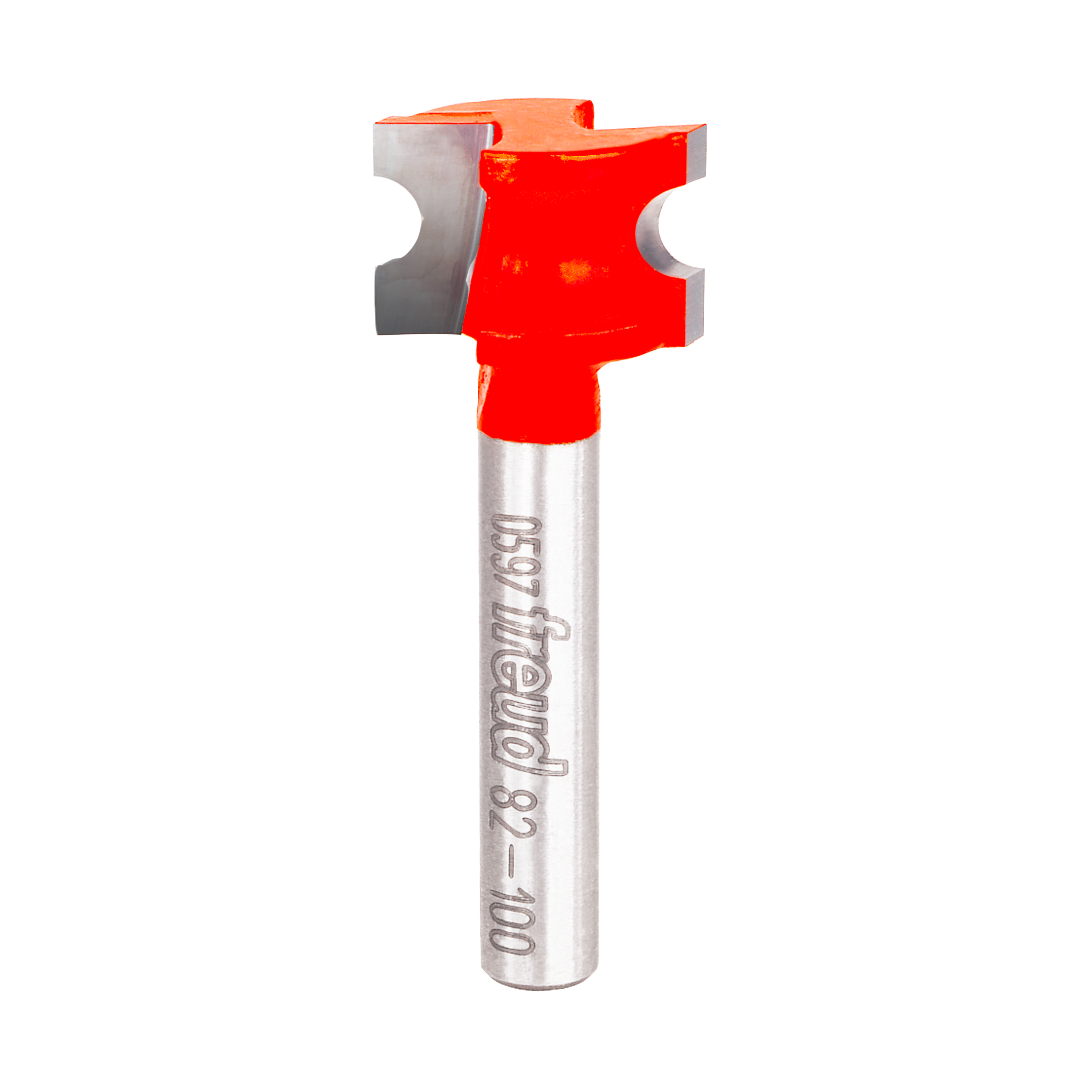 Half round router bit with red coating on cutting head and silver metal shank labeled Freud 82-100.