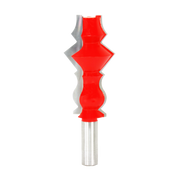 Red and gray router bit with decorative crown molding profile and metal shank.