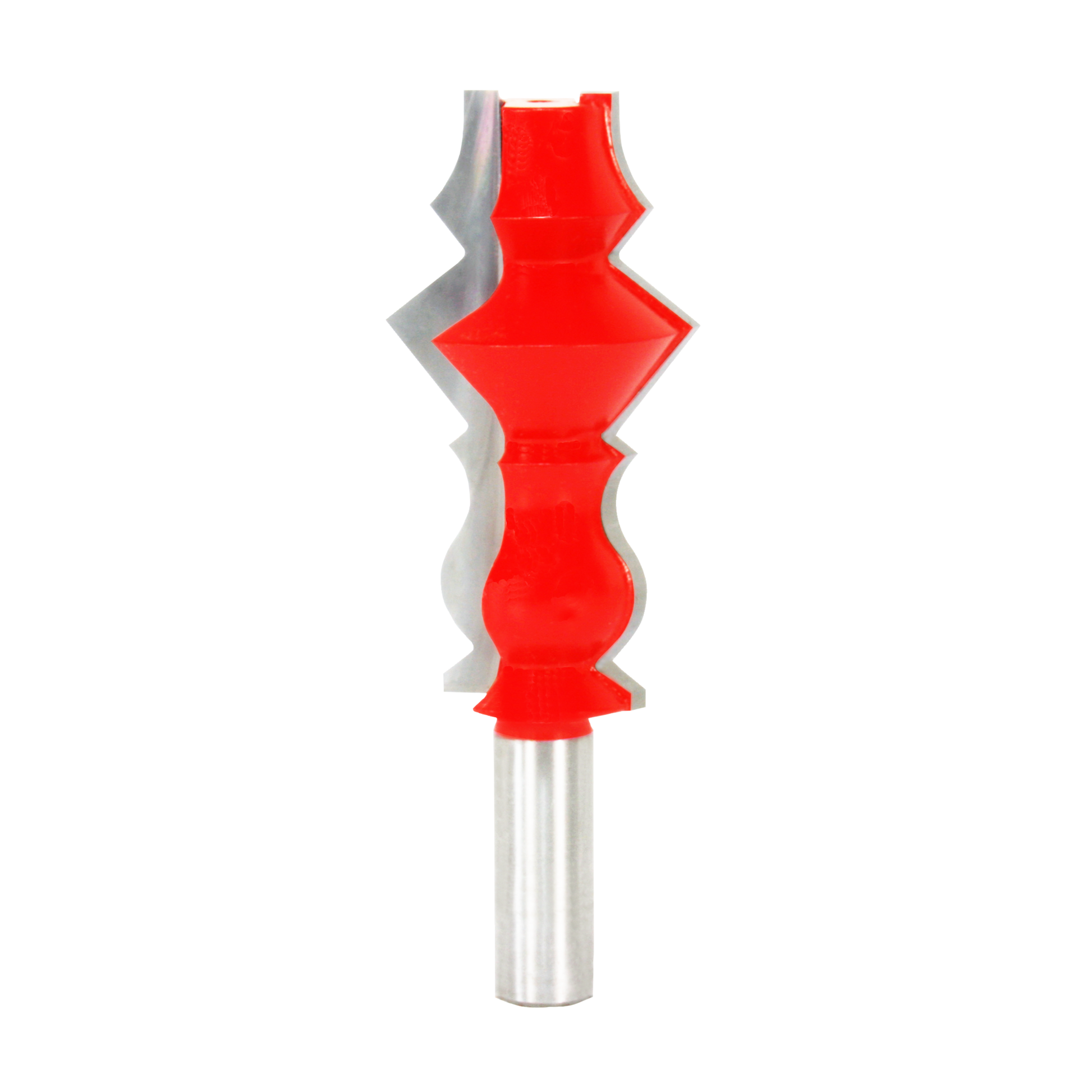 Red and gray router bit with decorative crown molding profile and metal shank.