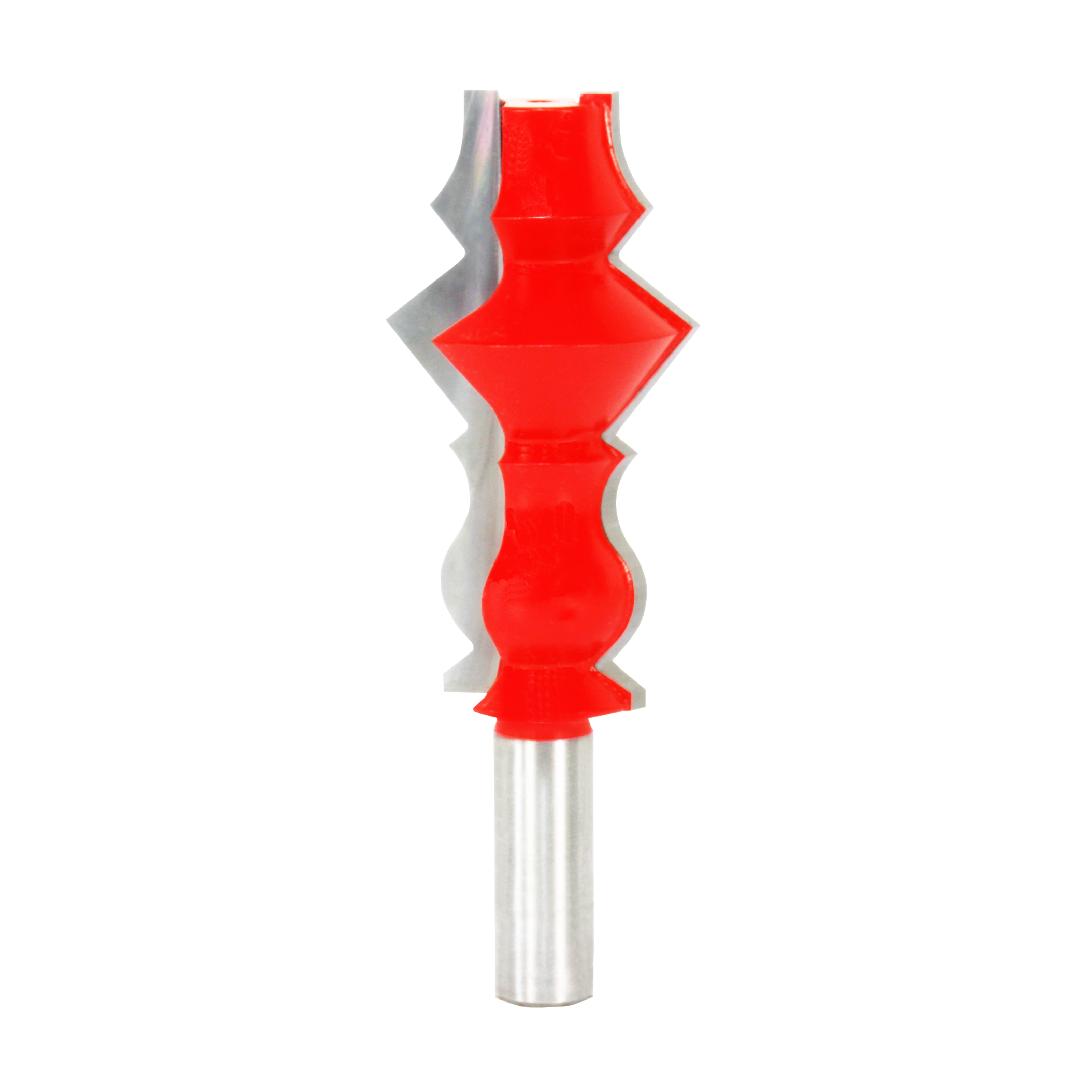 Red and gray router bit with decorative crown molding profile and metal shank.
