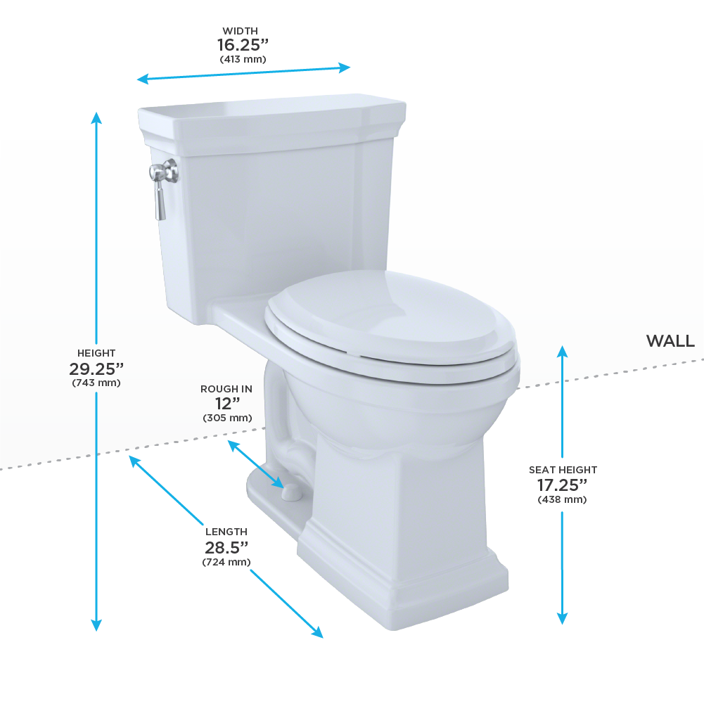 White one-piece elongated toilet with soft-close seat and dimension measurements displayed.