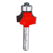 Red rounding over router bit with silver metal shaft and bearing collar.