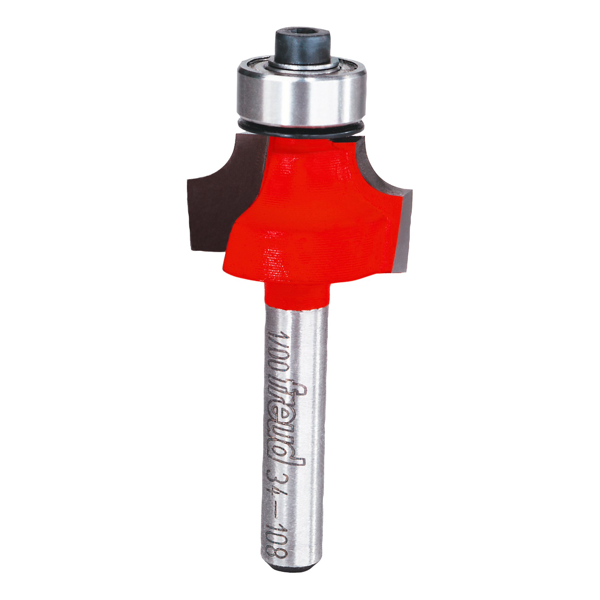 Red rounding over router bit with silver metal shaft and bearing collar.