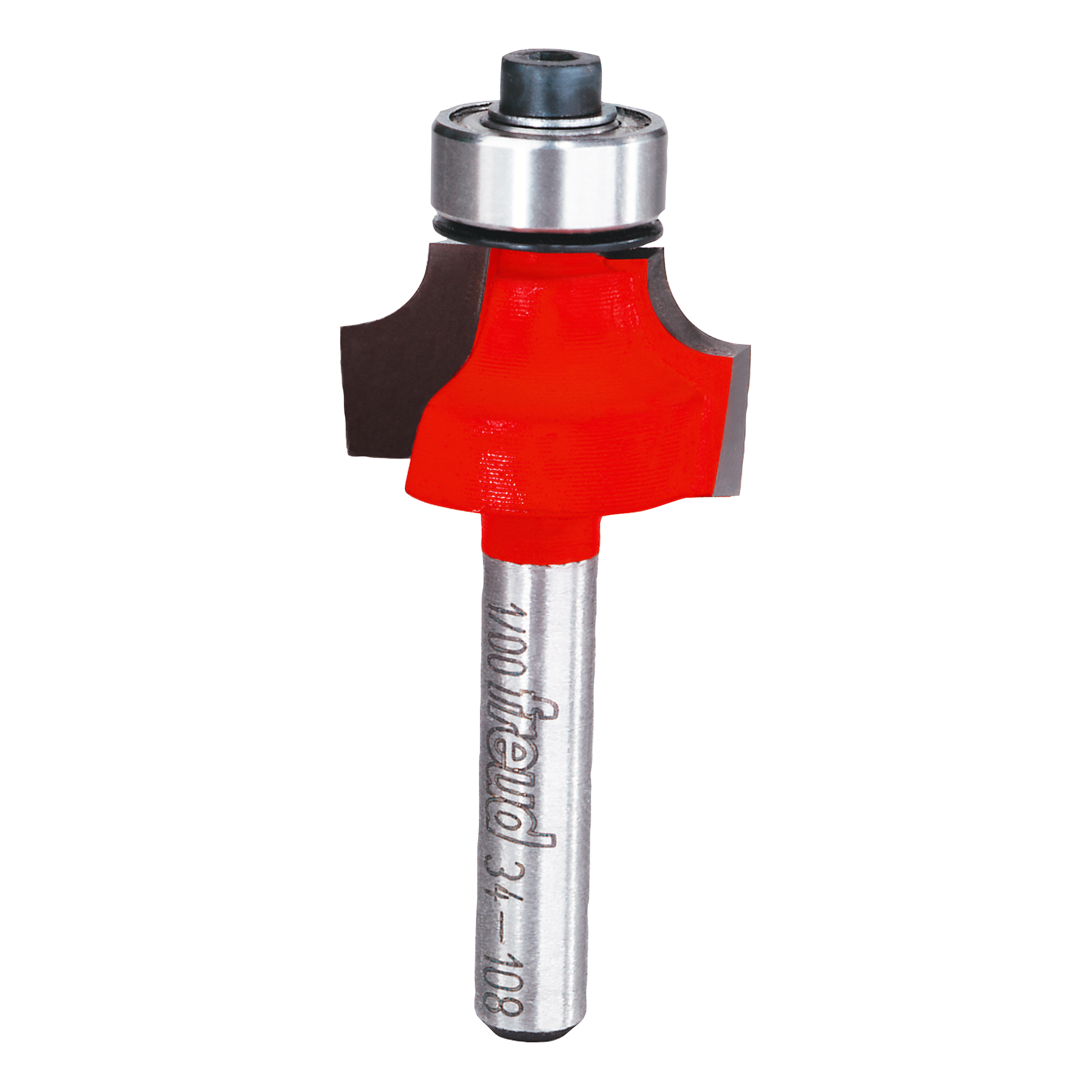 Red rounding over router bit with silver metal shaft and bearing collar.