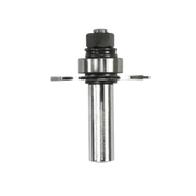 Router bit with cylindrical steel shaft, hexagonal collet nut, and two flat slotting cutter blades extending horizontally.