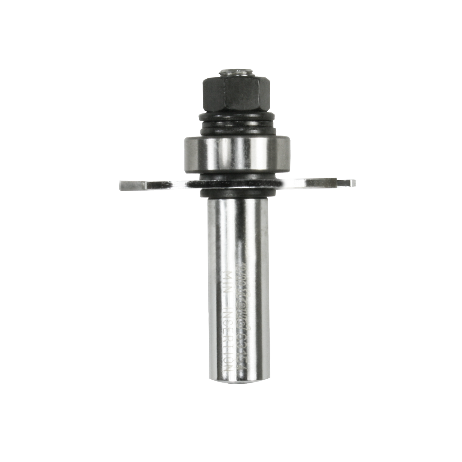 Router bit with cylindrical steel shaft, hexagonal collet nut, and two flat slotting cutter blades extending horizontally.