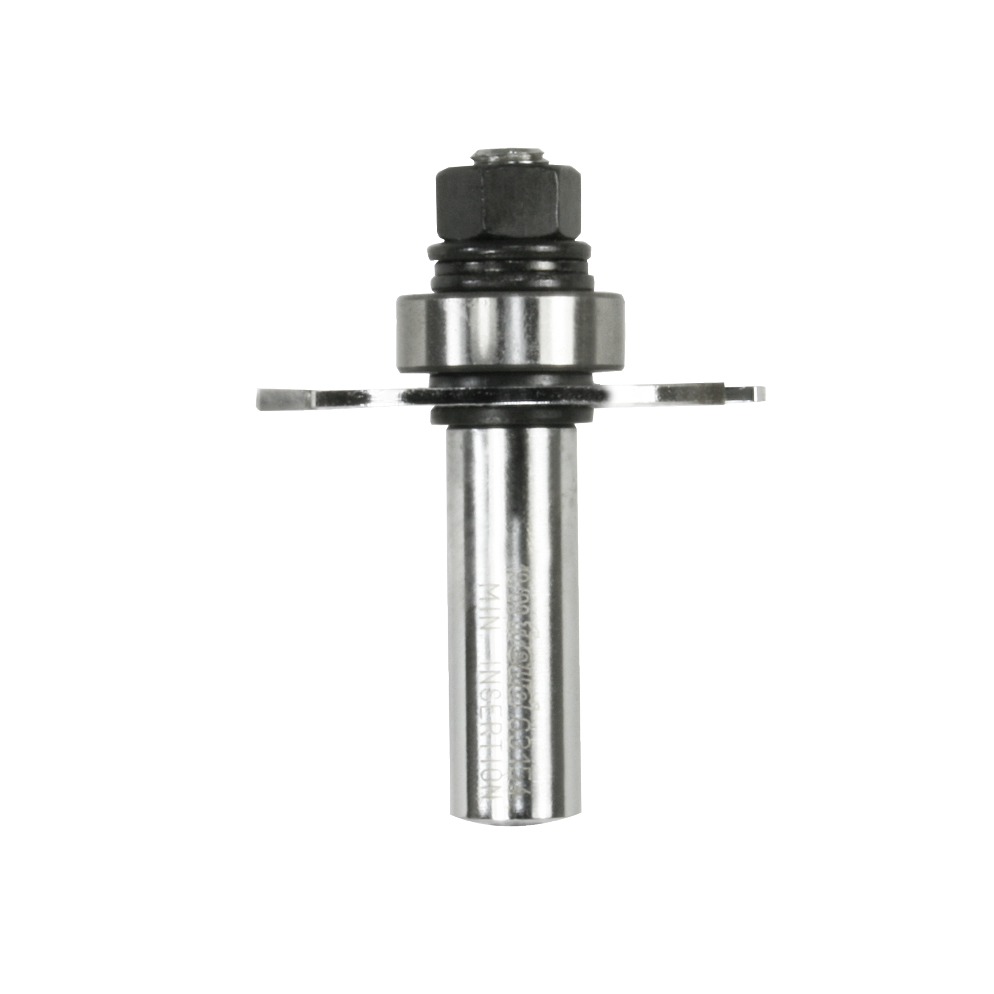 Router bit with cylindrical steel shaft, hexagonal collet nut, and two flat slotting cutter blades extending horizontally.