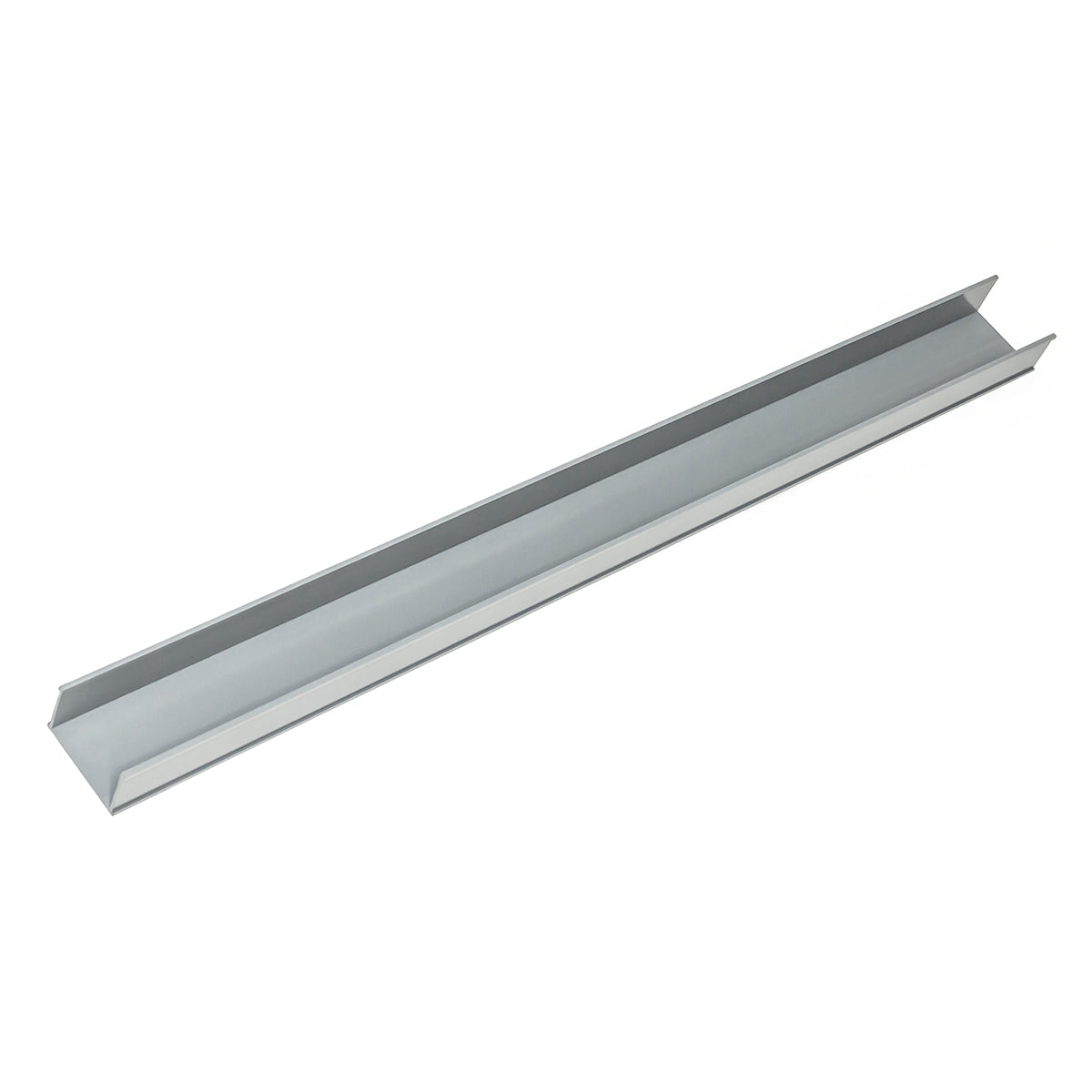 Long metallic linear drain channel with sloped sides and grey finish, 48 inches in length.
