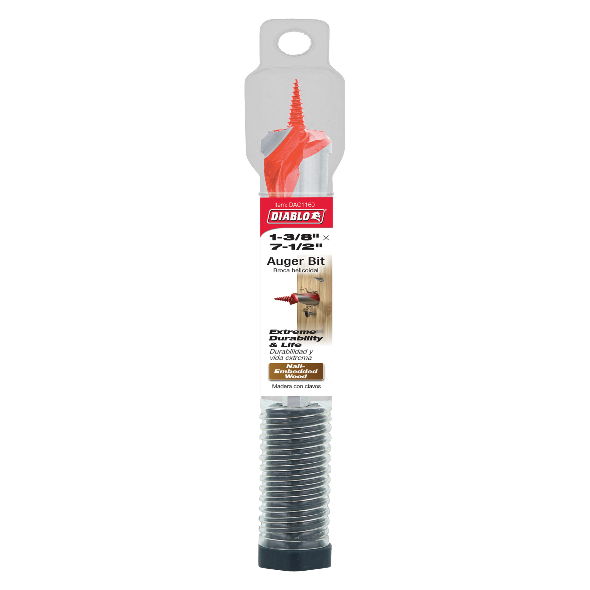 Diablo auger bit with red spiral flutes and threaded shaft in clear plastic packaging.