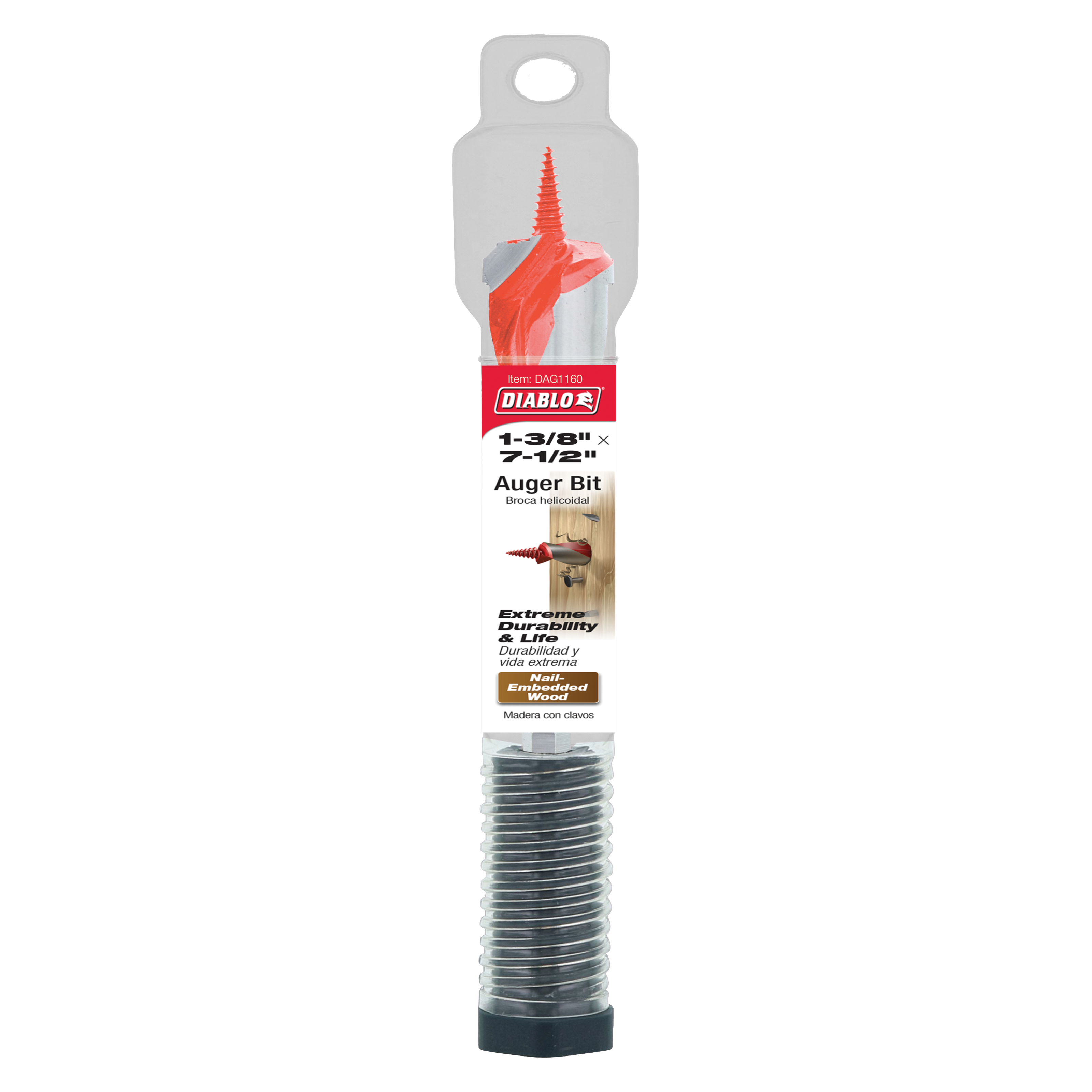 Diablo auger bit with red spiral flutes and threaded shaft in clear plastic packaging.