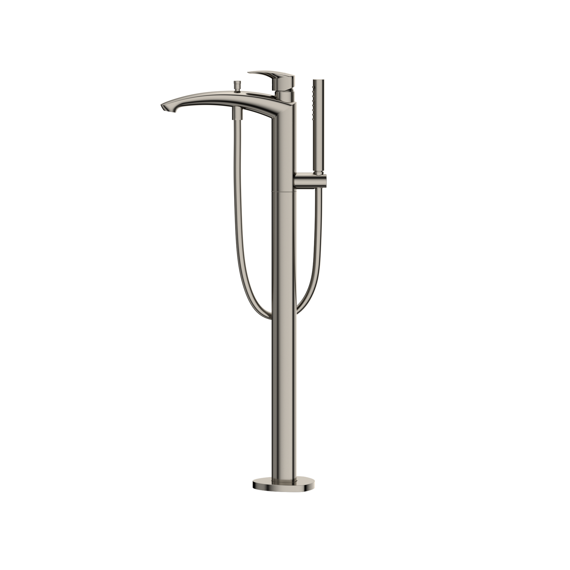 Polished nickel free-standing tub filler with curved spout, single handle, and attached handshower on hose.