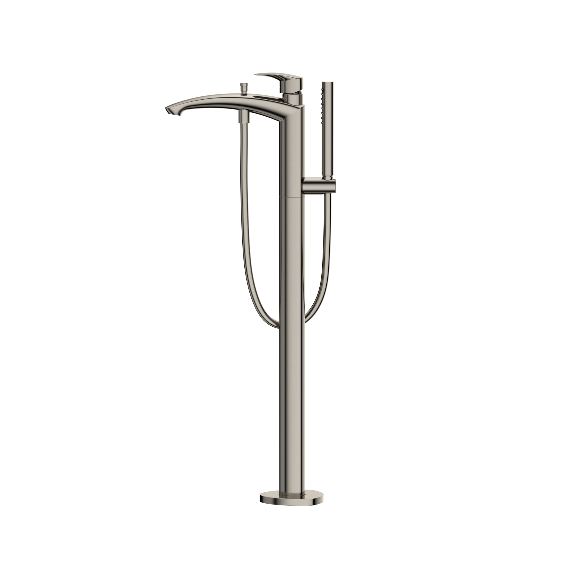 Polished nickel free-standing tub filler with curved spout, single handle, and attached handshower on hose.