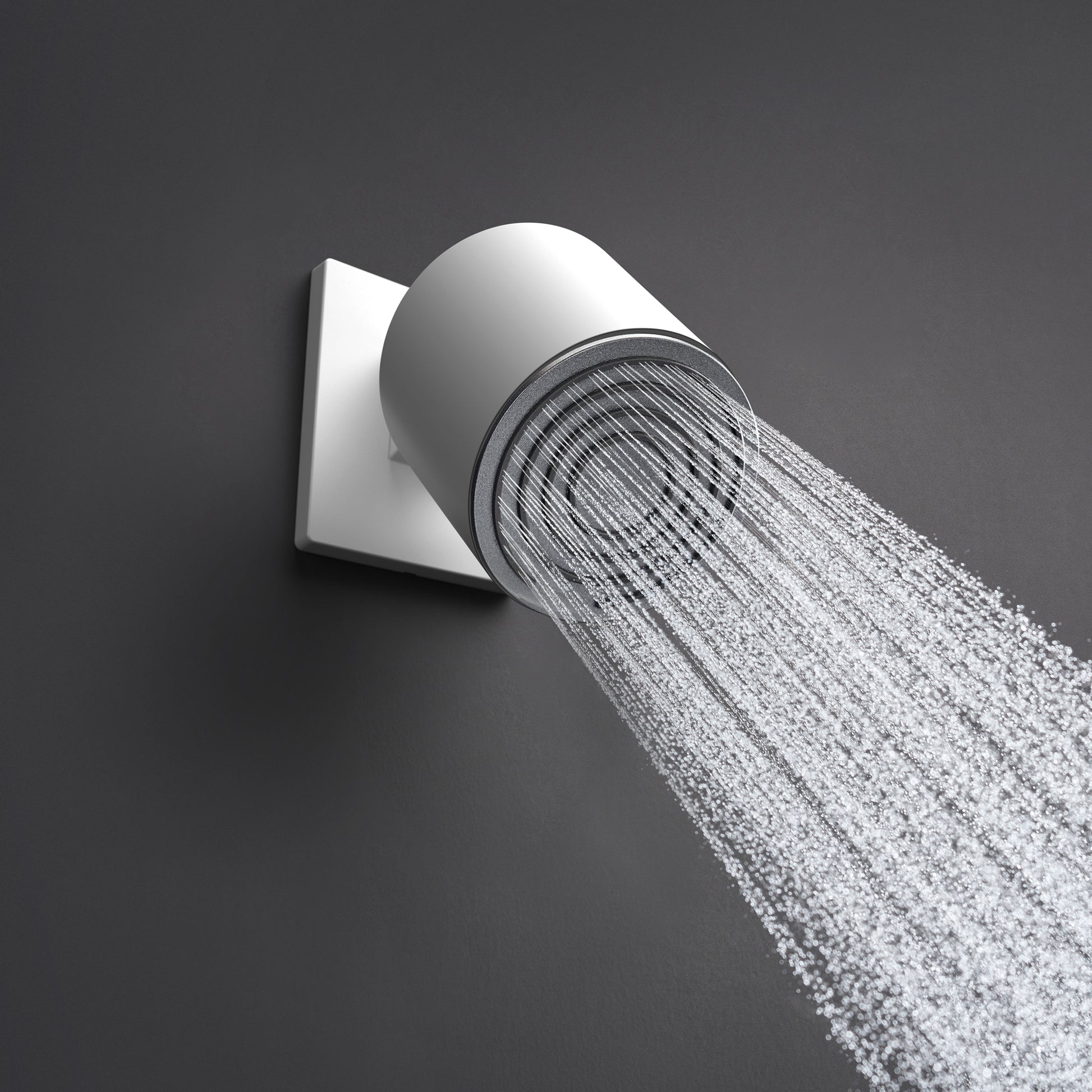 Brushed nickel shower arm with cylindrical head angled downward, dispensing water spray against gray background.
