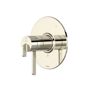 Polished nickel thermostatic valve trim with circular escutcheon plate and lever handle.