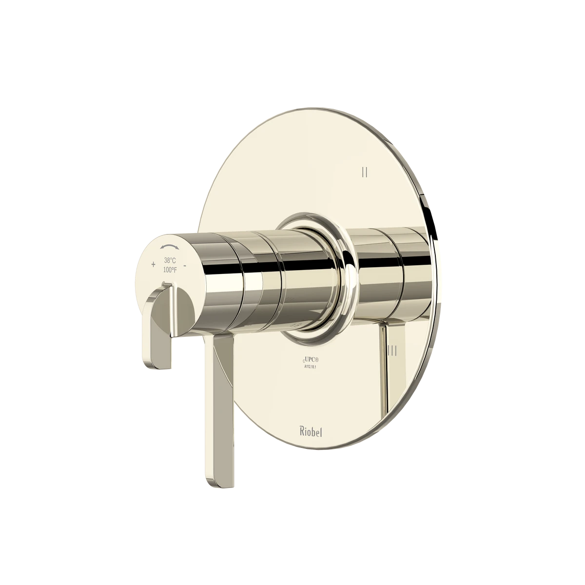 Polished nickel thermostatic valve trim with circular escutcheon plate and lever handle.