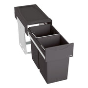 Dark gray pull-out storage system with two divided compartments and solid top lid.