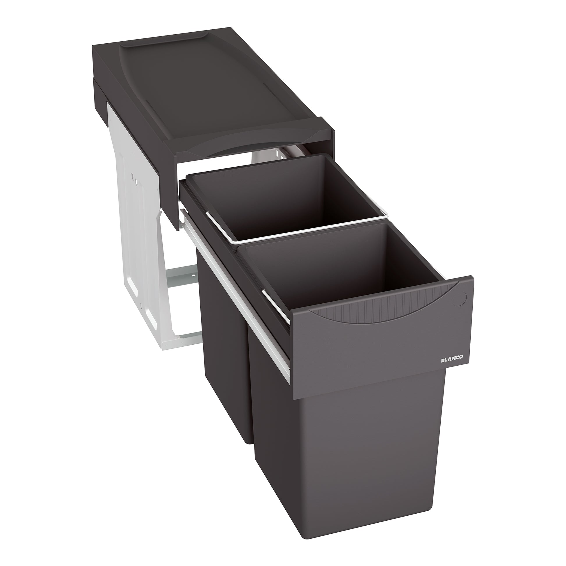 Dark gray pull-out storage system with two divided compartments and solid top lid.