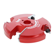 Red router cutter head with multiple cutting blades and black adjustment knobs mounted on a circular base.