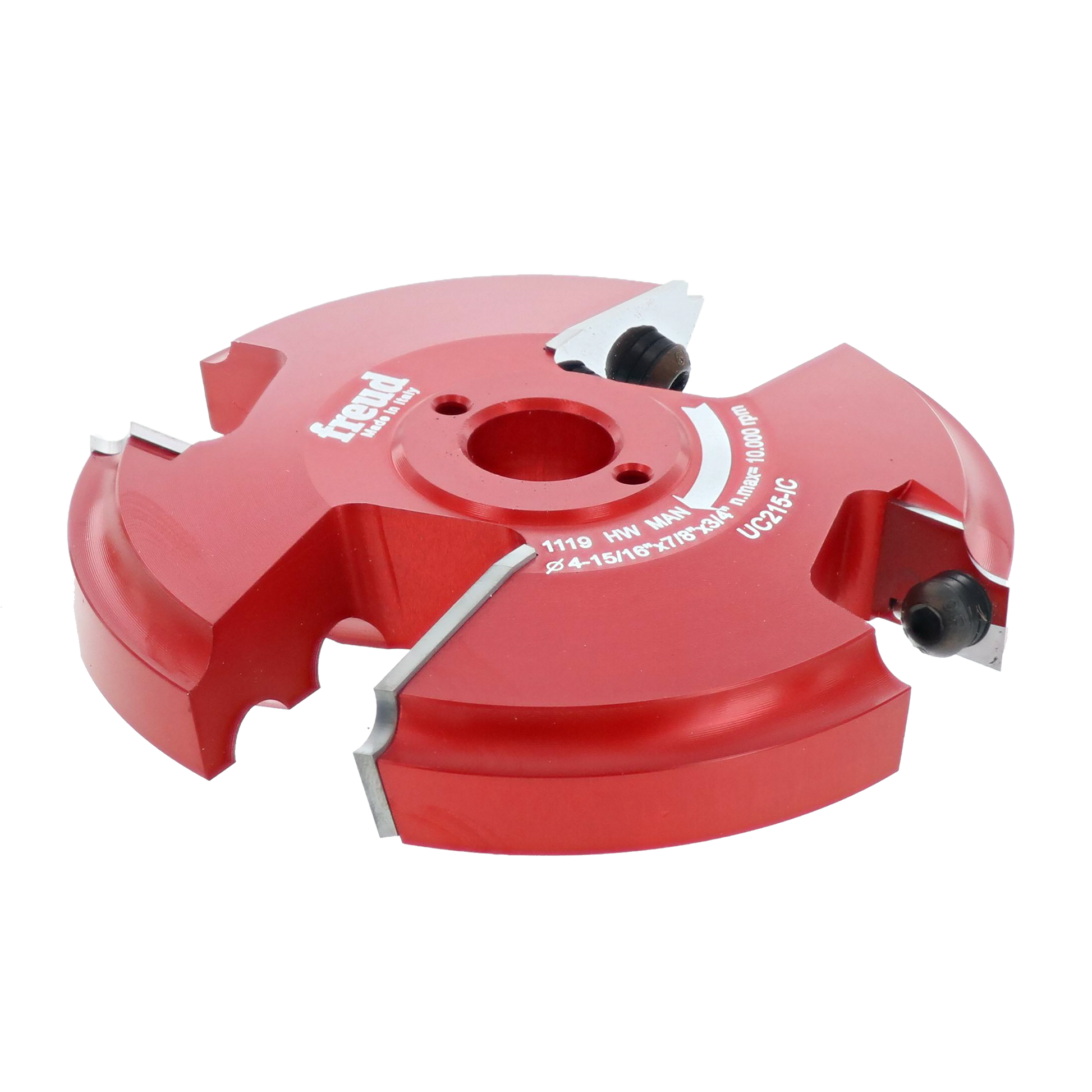 Red router cutter head with multiple cutting blades and black adjustment knobs mounted on a circular base.