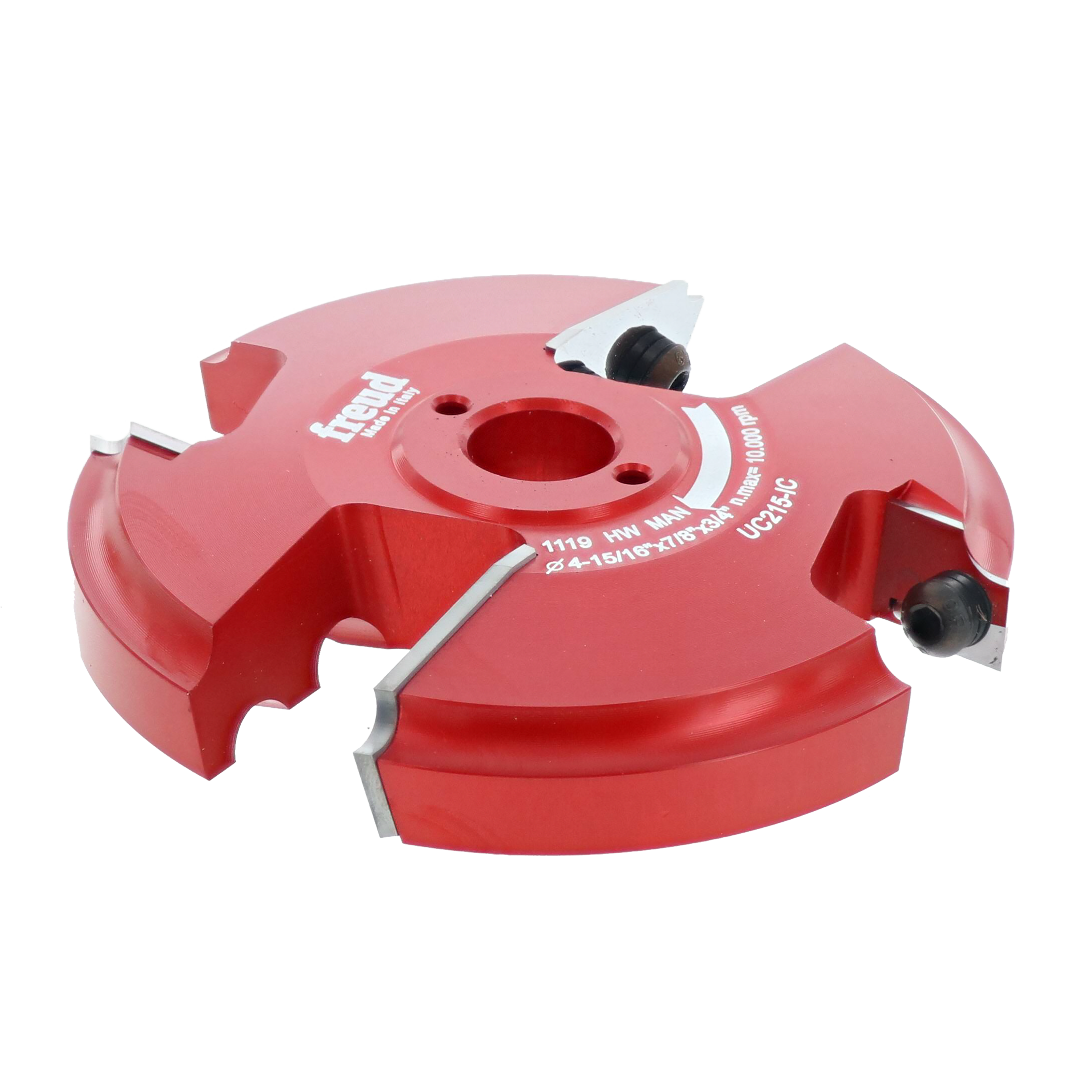 Red router cutter head with multiple cutting blades and black adjustment knobs mounted on a circular base.