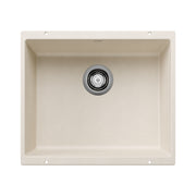 Soft white single bowl undermount sink with chrome drain strainer, viewed from above.