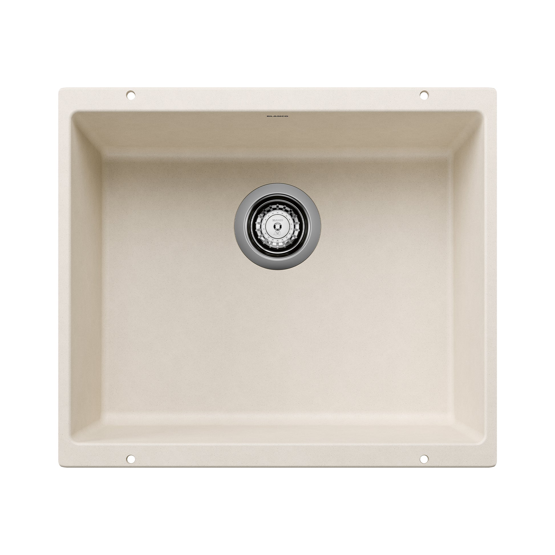 Soft white single bowl undermount sink with chrome drain strainer, viewed from above.