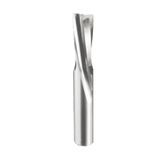 Polished metal router bit with spiral flutes and cylindrical shank.