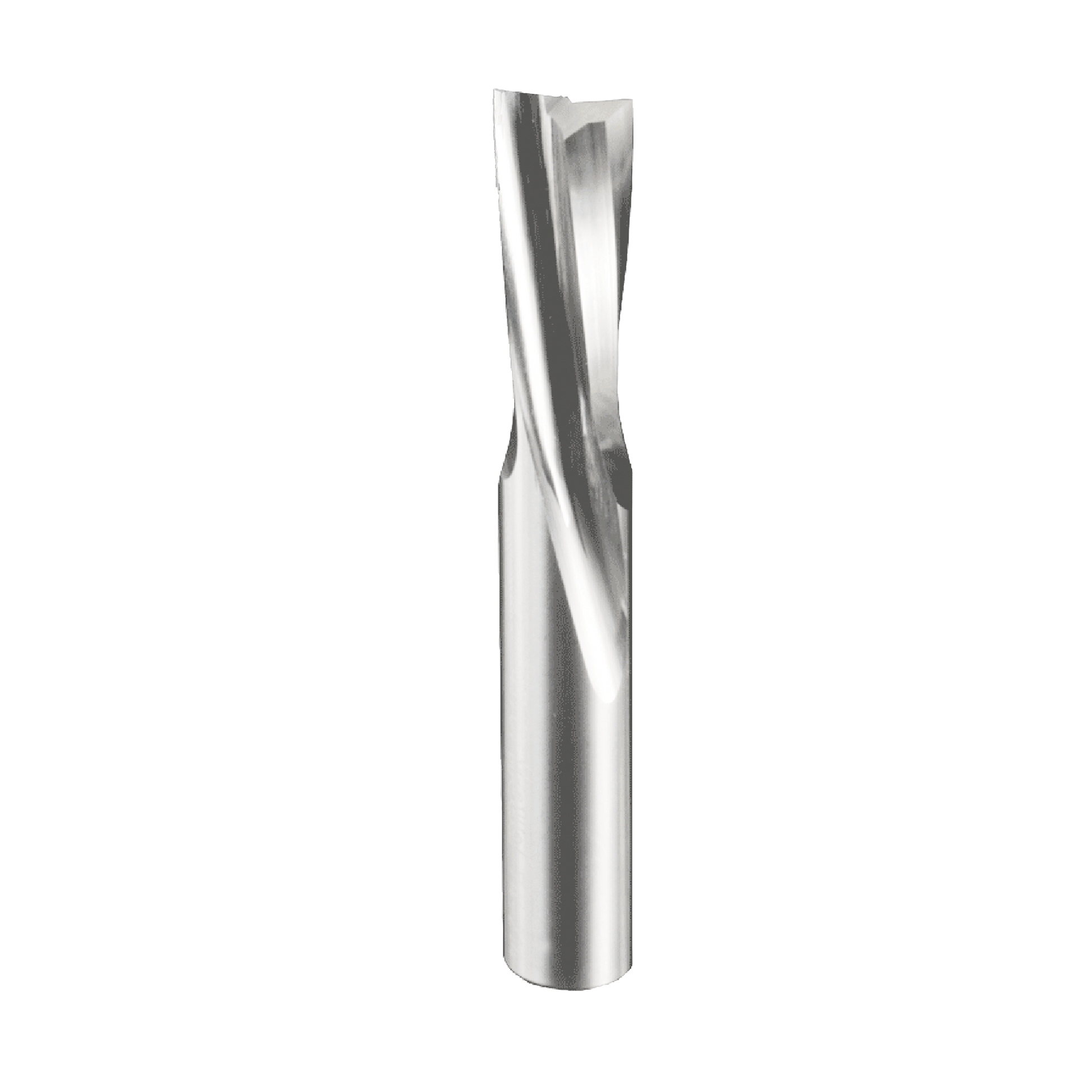 Polished metal router bit with spiral flutes and cylindrical shank.