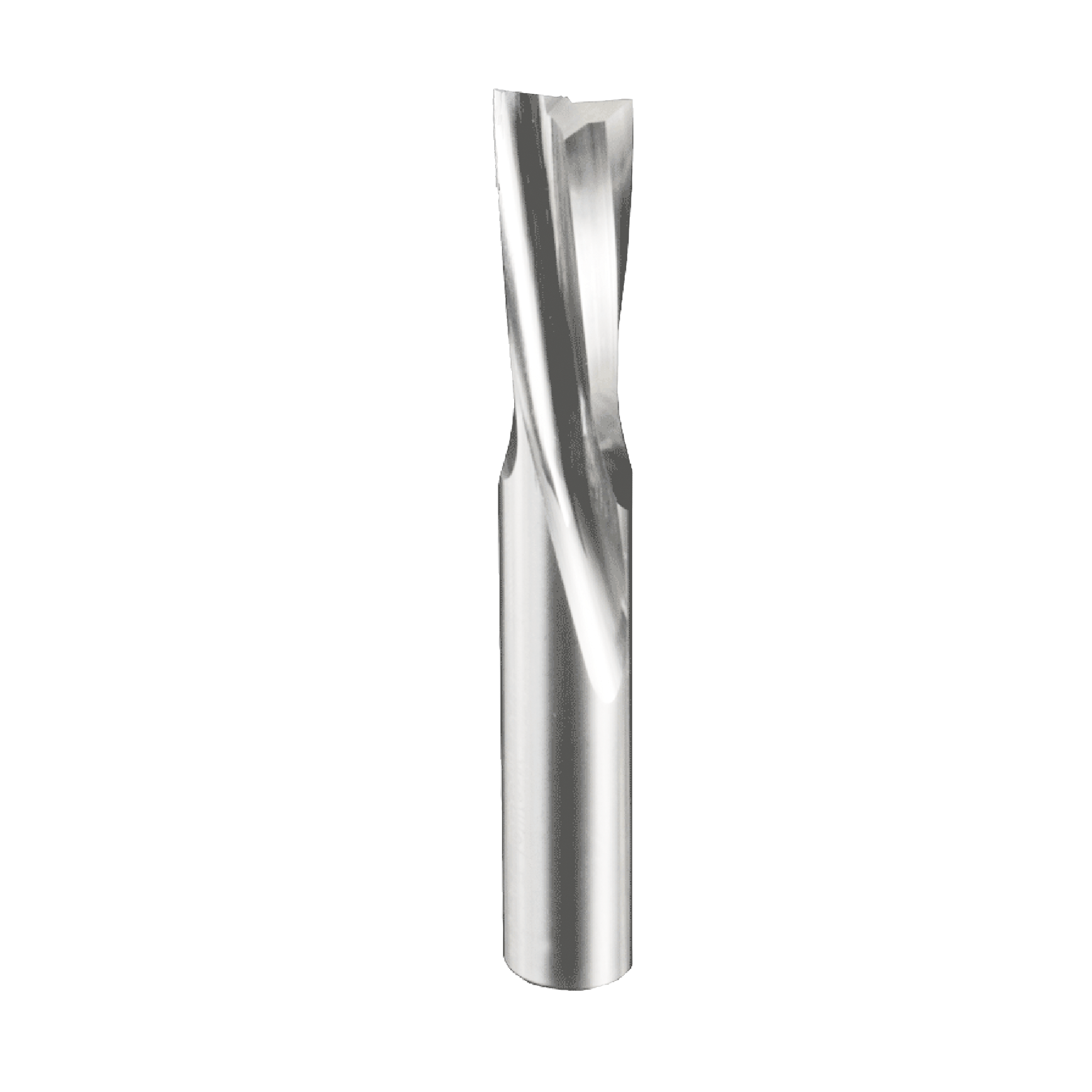 Polished metal router bit with spiral flutes and cylindrical shank.