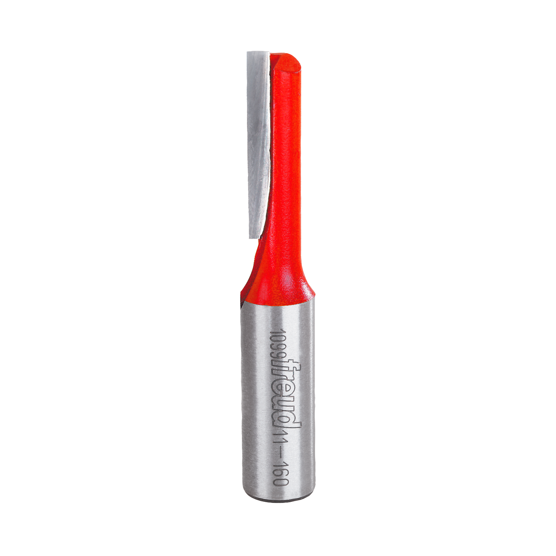 Freud straight router bit with 3/8" diameter, single flute, metal shank with red plastic handle.