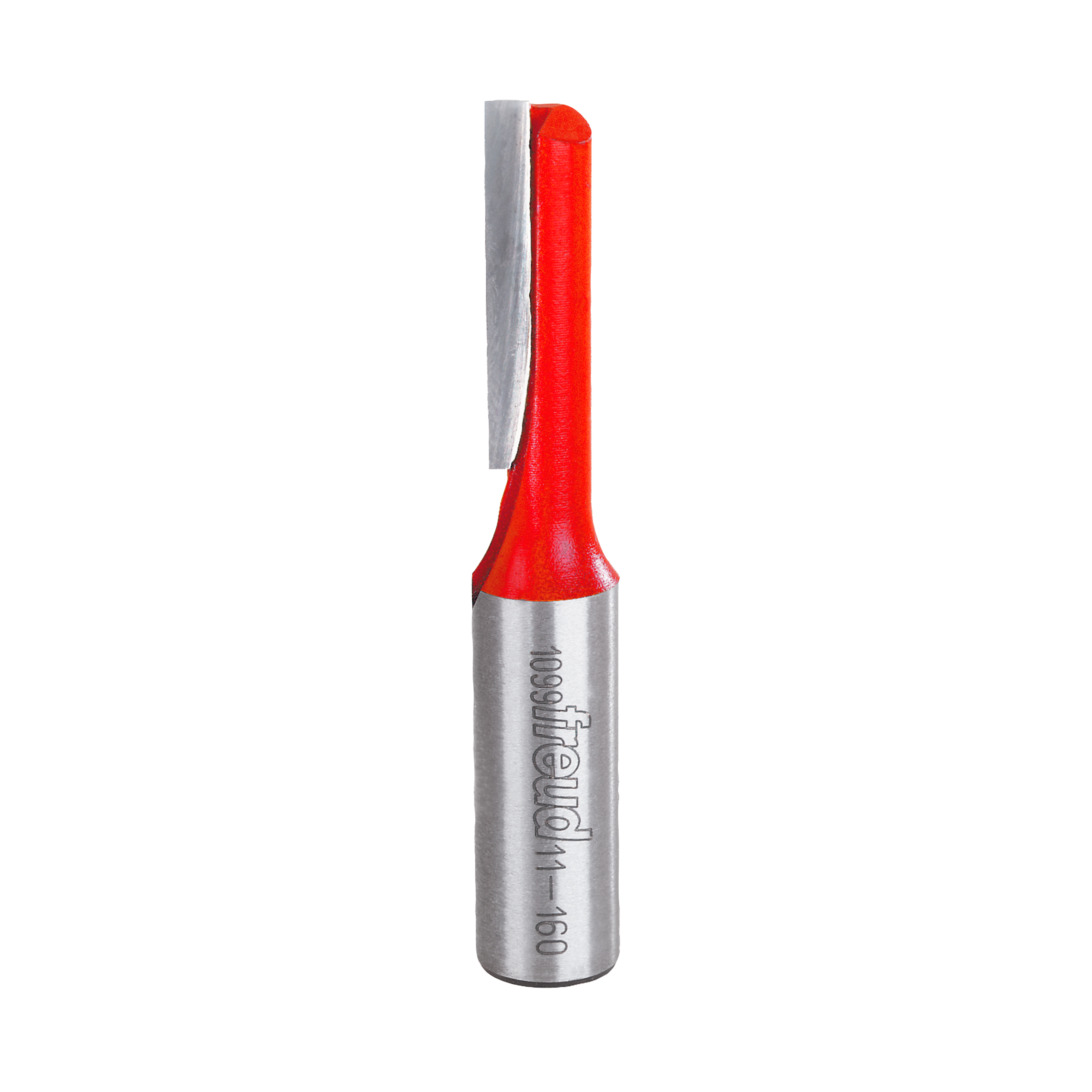 Freud straight router bit with 3/8" diameter, single flute, metal shank with red plastic handle.